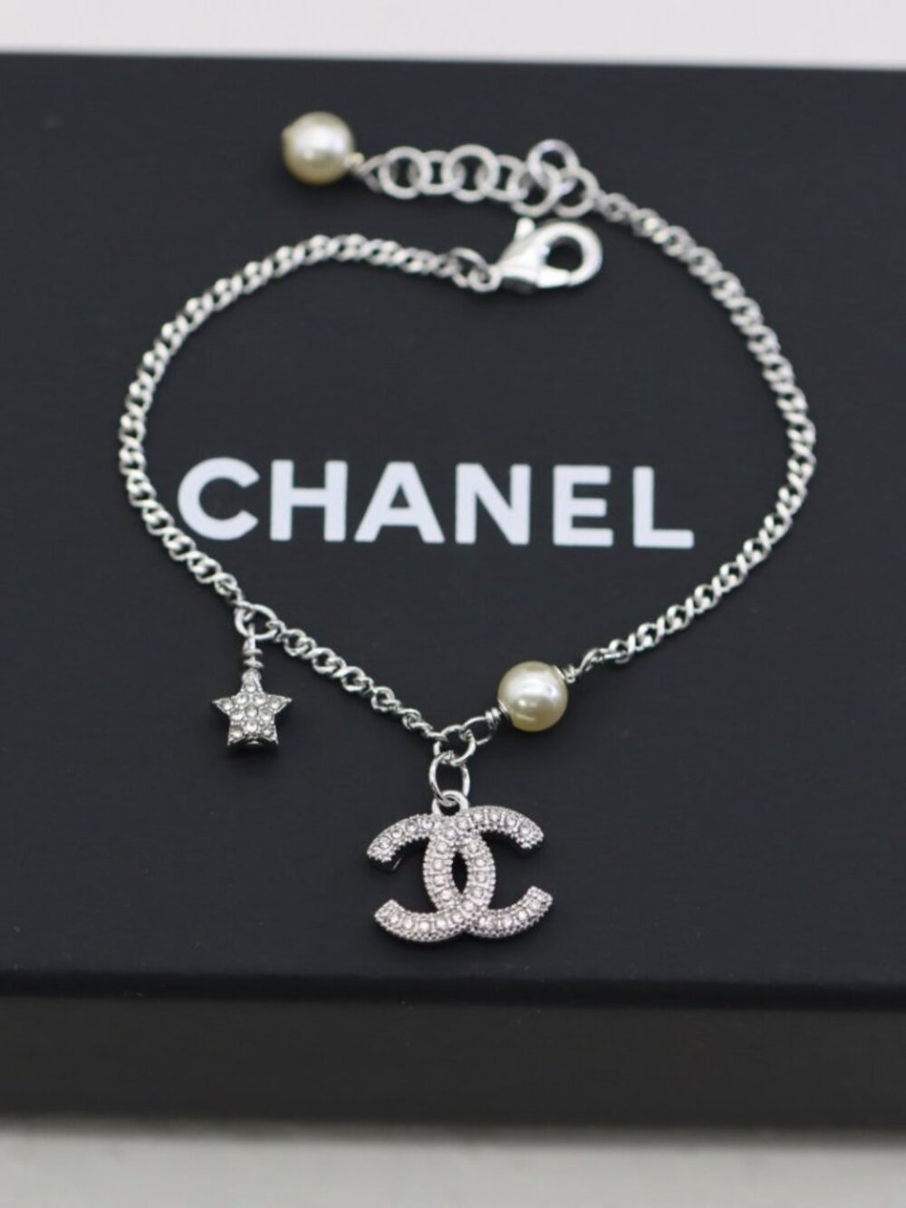 Authentic Chanel Silver Star Pearl Crystal CC Slim Bracelet | Brand New Unworn